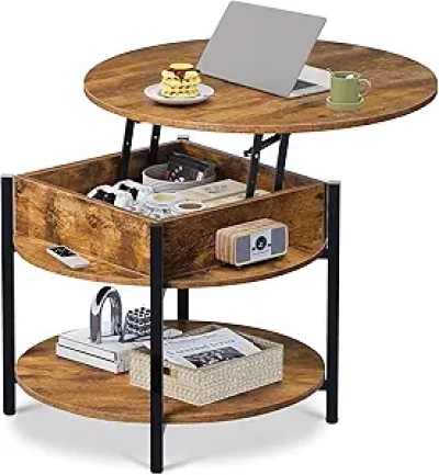 Table Basse Relevable Ronde avec Rangement - Style Fermette | WLIVE