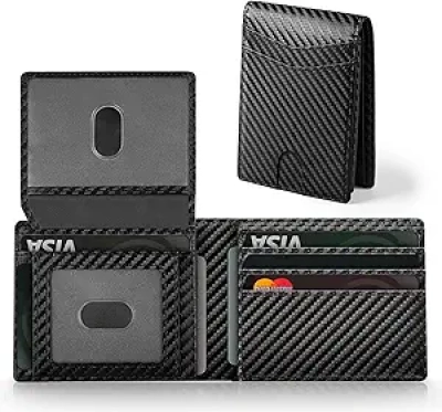 Portefeuille Homme RFID Bifold Cuir Noir - Protection Antivol & Fibres de Carbone