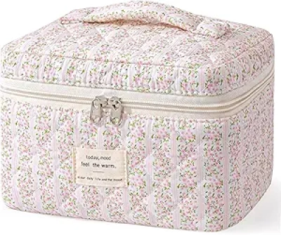 Trousse de Maquillage Quilted Floral - Grande Capacité avec Poignée