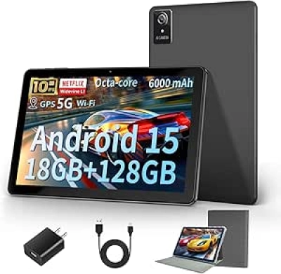 Tablette 10 Pouces Android 15 - 18GB RAM, 128GB SSD, WiFi 6, 1TB Extensible