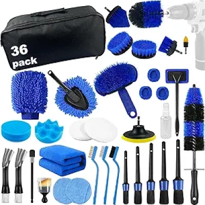 Kit Détailing Voiture 36 Pièces Professionnel - Brosses Intérieur Extérieur