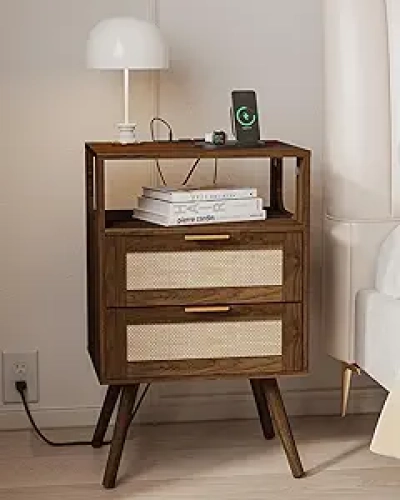 Table de Nuit Rotin Marron avec Station de Charge - Style Fermette