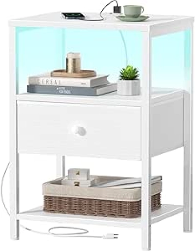Table de nuit blanche avec station de charge USB et LED - BOLUO