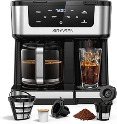 Cafetière Programmable Dual AIRMSEN 12 Tasses - Machine 2 en 1 K-Cup et Café Moulu