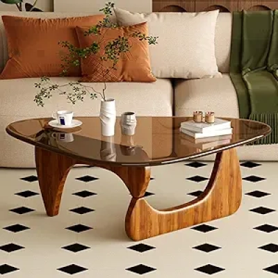 Table basse design mid-century moderne en verre et bois noyer