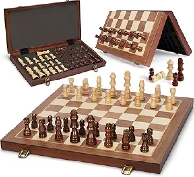 Jeu d'Échecs Magnétique en Bois 15" Pliable - Plateau Portable avec Rangement
