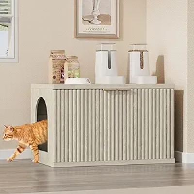 Meuble Litière Chat Design Gris Crème - Enclosure Moderne avec Table d'Appoint