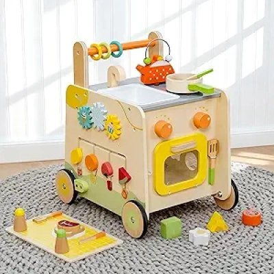 Chariot de Marche Montessori 3-en-1 en Bois | Cuisine Jouet & Centre d'Activités