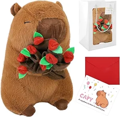 Peluche Capybara 30 cm avec Fleur - Cadeau Idéal Saint-Valentin et Anniversaire