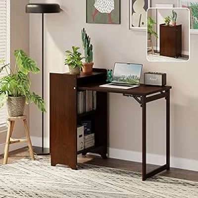 Bureau Pliable Bambou pour Petit Espace - Bureau Informatique Rangement Intégré