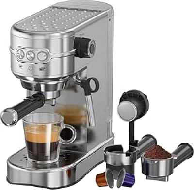 Machine à Espresso 20 Bar avec Mousseur à Lait - Cappuccino et Café Moulu