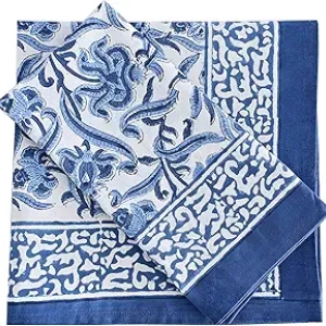 Serviettes de Table en Coton 100% Imprimé Floral Bleu - Set de 4