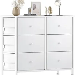 Commode Blanche 6 Tiroirs en Tissu - Rangement Chambre Enfant & Adulte