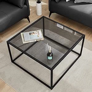 Table Basse Carrée Verre Gris - Design Moderne Minimaliste 67x67 cm