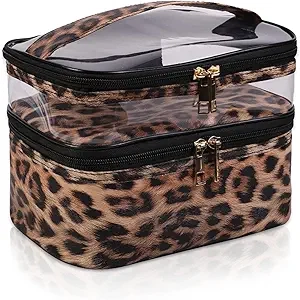 Trousse de Maquillage Double Compartiment Imperméable Léopard - Sac Cosmétique Voyage