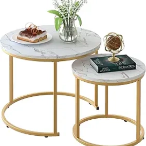 Table basse gigogne marbre blanc pieds dorés design moderne - Lot de 2