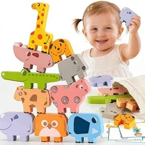Blocs de Stacking Montessori Animaux en Bois pour Enfants 1-3 Ans