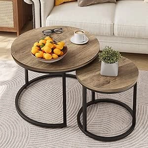 Table Basse Gigogne Ronde 23.6" - Bois Design Industriel avec Pieds Ajustables