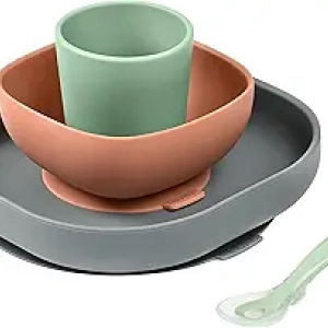 Béaba Set Vaisselle Silicone Bébé 4 Pièces avec Ventouse - Mineral
