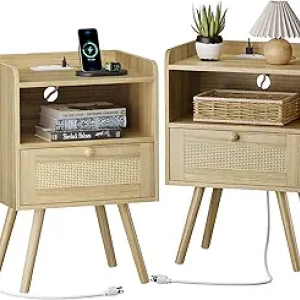 Lot de 2 Tables de Nuit avec Station de Charge - Style Bohème Rotin