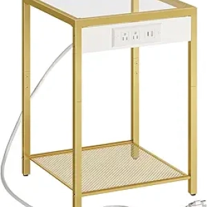 Table de Nuit HOOBRO avec Station de Charge USB - Verre Teinté et Cadre Doré