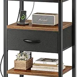Table de Nuit avec Station de Charge USB - SUPERJARE Bois Rustique