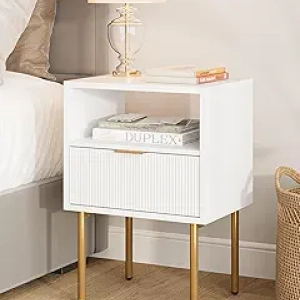 Table de Nuit Masupu Blanc et Or - Design Scandinave avec Tiroir de Rangement