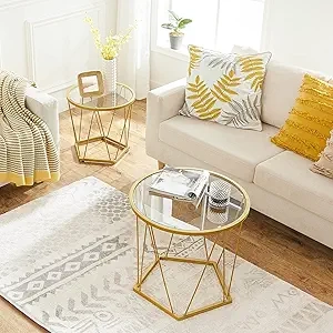 Lot de 2 Tables Basses Rondes HOOBRO - Design Moderne Gold avec Plateau Verre