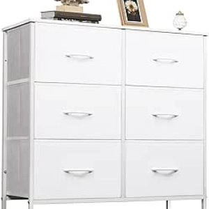 Commode Blanche 6 Tiroirs - Rangement Tissu pour Chambre