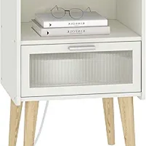 Table de Nuit avec Station de Charge USB - Porte Vitrée MORU - Blanc