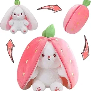 Lapin Peluche Réversible MIAODAM - Lapin Fraise Transformable avec Fermeture Éclair