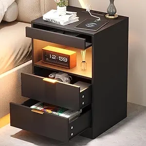 Table de Nuit LED avec Station de Charge - Noir Moderne