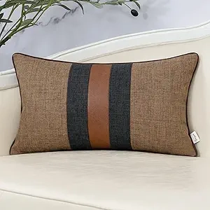Housse de Coussin Patchwork 30x50cm Luxe Coton Lin Marron