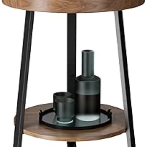Table de Nuit Ronde avec Rangement - Style Farmhouse 2 Niveaux