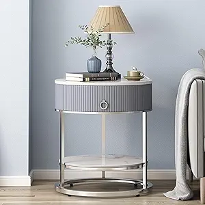 Table de nuit ronde moderne avec tiroir et pierre naturelle - Design élégant