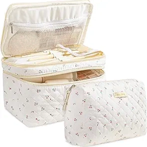Lot de 2 Trousses de Maquillage Coton Quilté - Grande Capacité pour Voyage