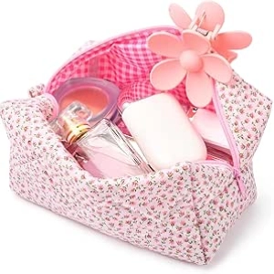 Trousse de Maquillage Quilted Floral Rose Coquette - Sac Cosmétique Coton
