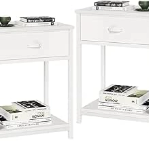 Lot de 2 Tables de Nuit Blanches Furologee avec Tiroir Tissu - Petites Tables d'Appoint pour Chambre