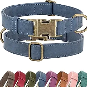 Collier Chien Petit Cuir PU Bleu - Ajustable Dégagement Rapide S