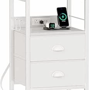 Table de Nuit Blanche avec Station de Charge USB et Prises – Rangement Intégré