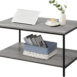 Table basse 2 niveaux grise avec rangement - Table TV bois et métal design