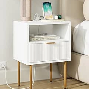 Table de Nuit avec Station de Charge - Design Moderne Blanc et Or