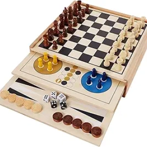 Jeu de Plateau 7 en 1 en Bois - Échecs, Dames, Backgammon & Plus