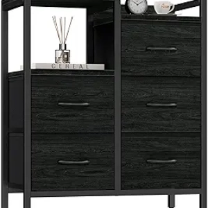 Commode 5 Tiroirs Noire Design Moderne - Meuble de Rangement pour Chambre