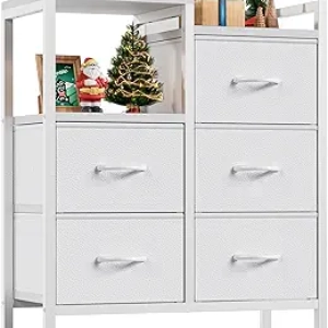Commode 5 Tiroirs Blanche avec Étagères - Meuble de Rangement Moderne