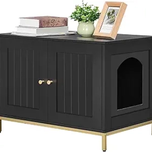 Meuble Litière Chat Moderne - Enclosure Noir et Or avec Cadre Métal
