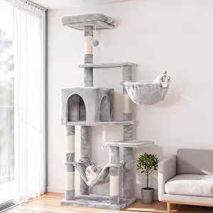 Arbre à Chat Multi-Niveaux Hey-brother avec Hammock - Tour à Chat Gris Clair MPJ050W
