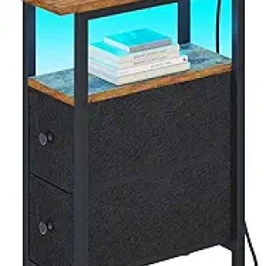 Table de Nuit avec Station de Charge LED - Petite Table Étroite Rustique