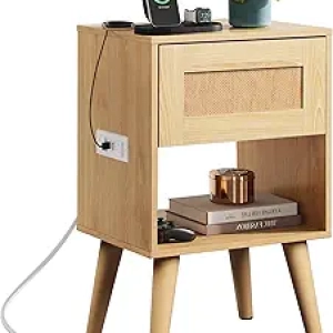 Table de Nuit Rotin avec Station de Charge USB - Bohème