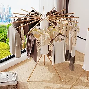 Étendoir à Linge Tripode Pliable - 16 Barres en Bois Massif